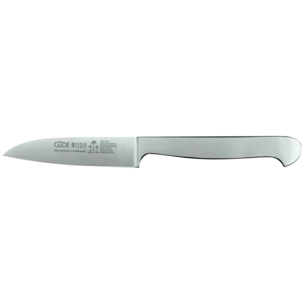 Ein Bild aus dem Taiga Store von taiga.green. Ein Schälmesser aus rostfreiem Stahl mit gerader Klinge und ergonomischem Griff. Auf der Klinge befindet sich das Logo und der Text von Güde Solingen Germany. Jetzt bestellen im Eco Shop von www.taiga.green. Hier nachhaltig einkaufen mit dem Taiga Eco Rating