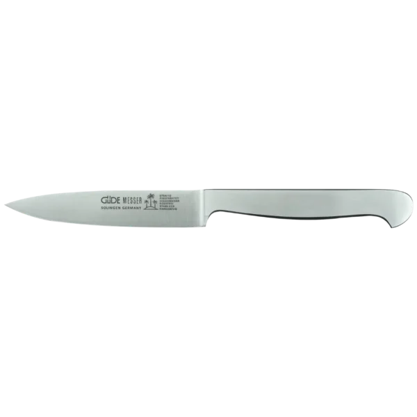 Ein Bild aus dem Taiga Store von taiga.green. Ein silbernes Schälmesser mit gerader Klinge und ergonomischem Griff, mit dem Güde Messer Solingen Germany Logo und Text auf der Klinge. Jetzt bestellen im Eco Shop von www.taiga.green. Hier nachhaltig einkaufen mit dem Taiga Eco Rating