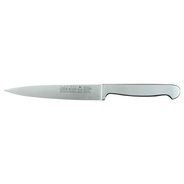 Ein Bild aus dem Taiga Store von taiga.green. Ein Küchenmesser aus rostfreiem Stahl mit einer spitzen Klinge und einem glatten, ergonomischen Griff, abgebildet auf einem schlichten weißen Hintergrund. Jetzt bestellen im Eco Shop von www.taiga.green. Hier nachhaltig einkaufen mit dem Taiga Eco Rating
