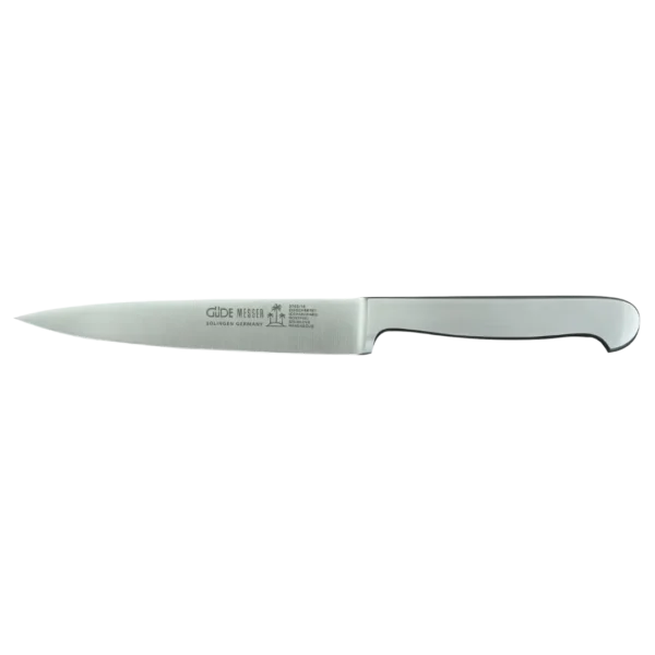 Ein Bild aus dem Taiga Store von taiga.green. Ein Küchenmesser aus rostfreiem Stahl mit gerader Schneide, spitzer Spitze und einem nahtlosen Metallgriff, dargestellt auf einem schlichten weißen Hintergrund. Jetzt bestellen im Eco Shop von www.taiga.green. Hier nachhaltig einkaufen mit dem Taiga Eco Rating
