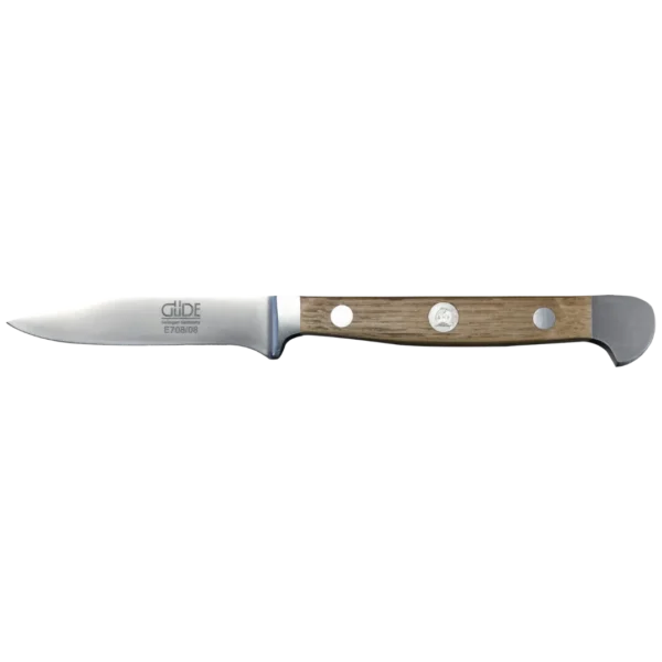 Ein Bild aus dem Taiga Store von taiga.green. Ein kleines Schälmesser mit einer Klinge aus rostfreiem Stahl und einem Holzgriff, der mit drei Metallnieten befestigt ist. Die Klinge ist mit dem Markennamen Glide graviert. Jetzt bestellen im Eco Shop von www.taiga.green. Hier nachhaltig einkaufen mit dem Taiga Eco Rating