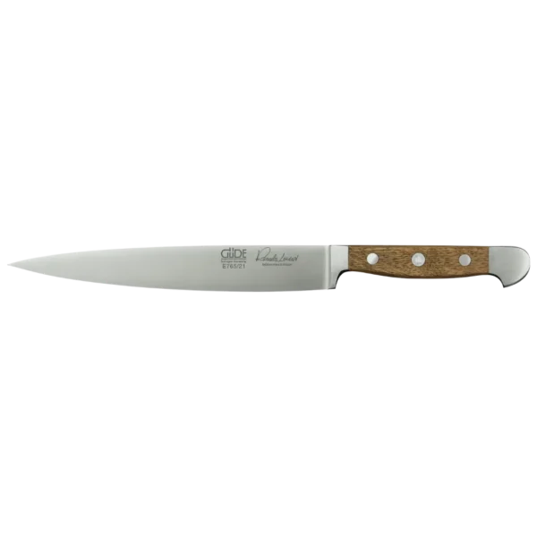 Ein Bild aus dem Taiga Store von taiga.green. Ein Küchenmesser aus rostfreiem Stahl mit spitzer Klinge und einem Holzgriff mit drei Metallnieten, abgebildet auf einem schlichten Hintergrund. Jetzt bestellen im Eco Shop von www.taiga.green. Hier nachhaltig einkaufen mit dem Taiga Eco Rating