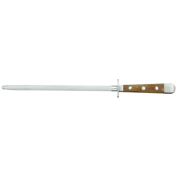 Ein Bild aus dem Taiga Store von taiga.green. Ein langes, schmales Messer mit einer gezahnten Stahlklinge und einem Holzgriff mit Metallnieten, das typischerweise als Tranchier- oder Schneidemesser verwendet wird. Jetzt bestellen im Eco Shop von www.taiga.green. Hier nachhaltig einkaufen mit dem Taiga Eco Rating