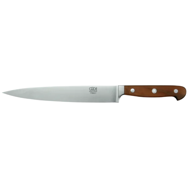 Ein Bild aus dem Taiga Store von taiga.green. Ein Aufschnittmesser mit einer langen, schmalen Klinge aus rostfreiem Stahl und einem braunen Holzgriff mit drei Nieten. Jetzt bestellen im Eco Shop von www.taiga.green. Hier nachhaltig einkaufen mit dem Taiga Eco Rating