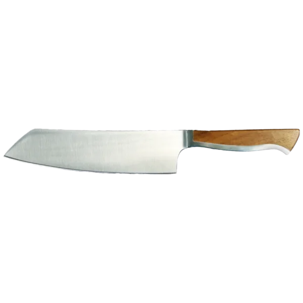 Ein Bild aus dem Taiga Store von taiga.green. Ein Küchenmesser aus rostfreiem Stahl mit breiter Klinge und einem Holzgriff, dargestellt auf einem schlichten Hintergrund. Jetzt bestellen im Eco Shop von www.taiga.green. Hier nachhaltig einkaufen mit dem Taiga Eco Rating