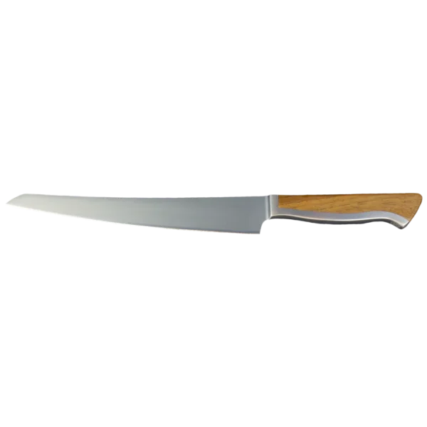 Ein Bild aus dem Taiga Store von taiga.green. Ein langes, dünnes Küchenmesser mit silbern glänzender Klinge und einem hellbraunen Holzgriff, das zum Schneiden oder Filetieren gedacht ist. Das Messer ist auf einem schlichten, weißen Hintergrund abgebildet. Jetzt bestellen im Eco Shop von www.taiga.green. Hier nachhaltig einkaufen mit dem Taiga Eco Rating