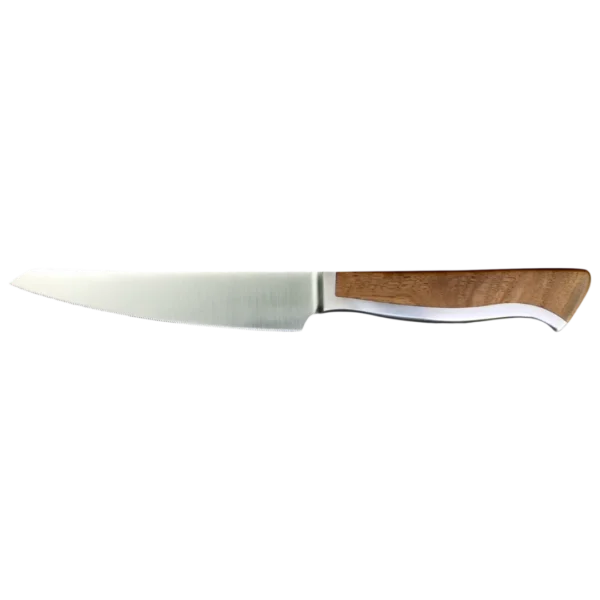 Ein Bild aus dem Taiga Store von taiga.green. Ein Schälmesser mit glänzender Edelstahlklinge und einem geschwungenen Holzgriff, abgebildet vor einem schlichten schwarzen Hintergrund. Jetzt bestellen im Eco Shop von www.taiga.green. Hier nachhaltig einkaufen mit dem Taiga Eco Rating