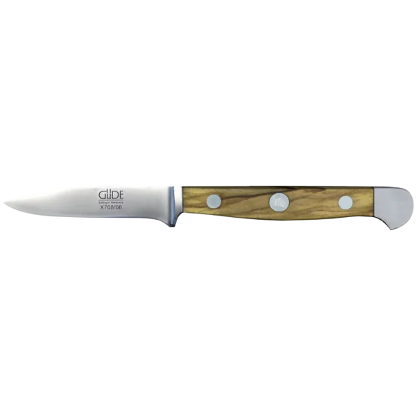 Ein Bild aus dem Taiga Store von taiga.green. Kleines Schälmesser mit einer Klinge aus glänzendem Edelstahl und einem Holzgriff mit drei Metallnieten und einer abgerundeten Endkappe aus Metall. Die Klinge ist mit dem Markennamen "Güde" graviert. Jetzt bestellen im Eco Shop von www.taiga.green. Hier nachhaltig einkaufen mit dem Taiga Eco Rating