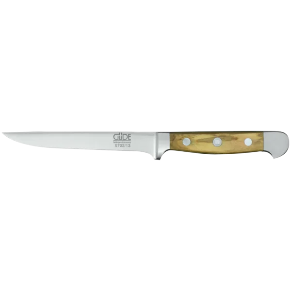 Ein Bild aus dem Taiga Store von taiga.green. Ein Filetiermesser mit einer langen, schmalen Klinge aus rostfreiem Stahl und einem Holzgriff, der mit drei Metallnieten befestigt ist. Es wurde für präzise Schneide- und Filetierarbeiten entwickelt. Jetzt bestellen im Eco Shop von www.taiga.green. Hier nachhaltig einkaufen mit dem Taiga Eco Rating